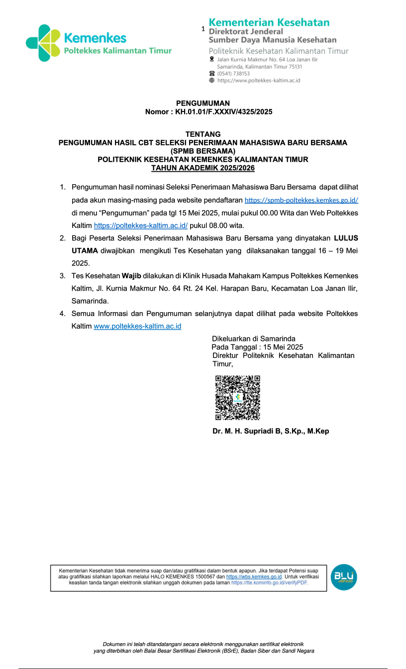 Pengumuman Nominasi & Tes Kesehataan Lulus Utama SPMB Bersama TA 2025/2026