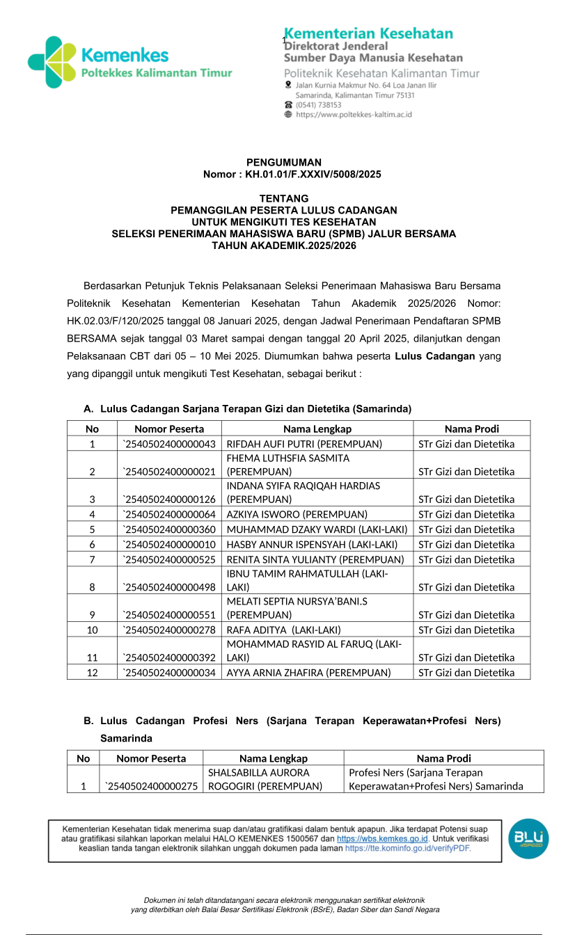 PEMANGGILAN PESERTA LULUS CADANGAN UNTUK MENGIKUTI TES KESEHATAN SELEKSI PENERIMAAN MAHASISWA BARU (SPMB) JALUR BERSAMA TAHUN AKADEMIK.2025/2026