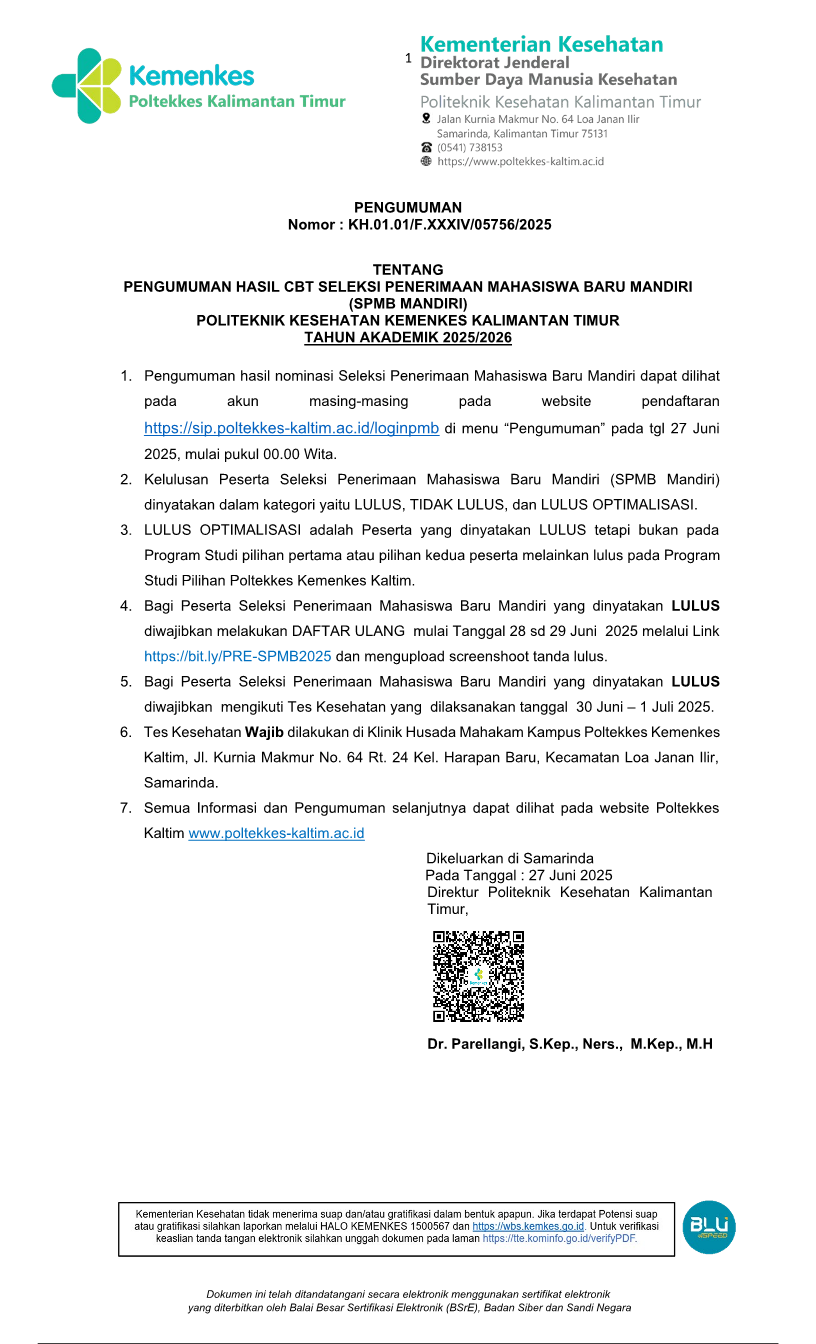 Pengumuman Hasil CBT SPMB Mandiri Reguler TA. 2025/2026