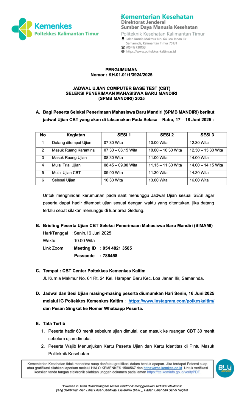 Pengumuman Briefing Peserta dan Jadwal CBT SPMB Mandiri Reguler 2025