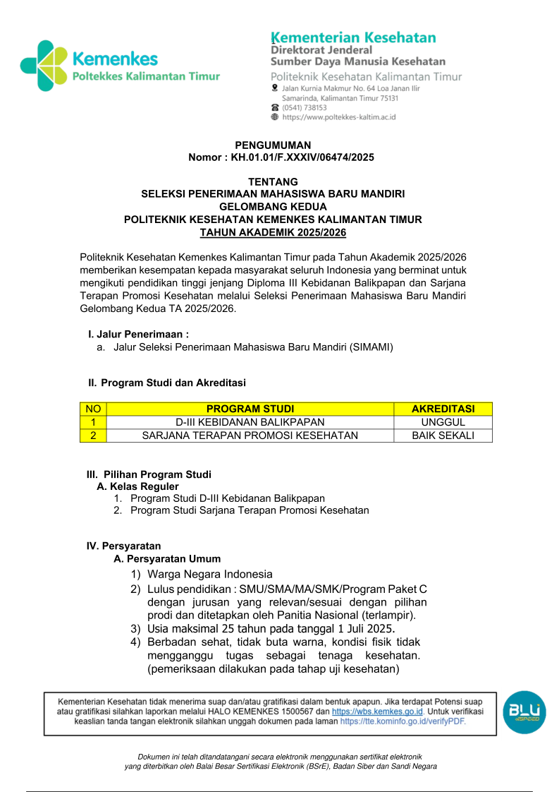 Pengumuman Penerimaan Mahasiswa Baru (SPMB) mandiri Gelombang Kedua TA 2025/2026