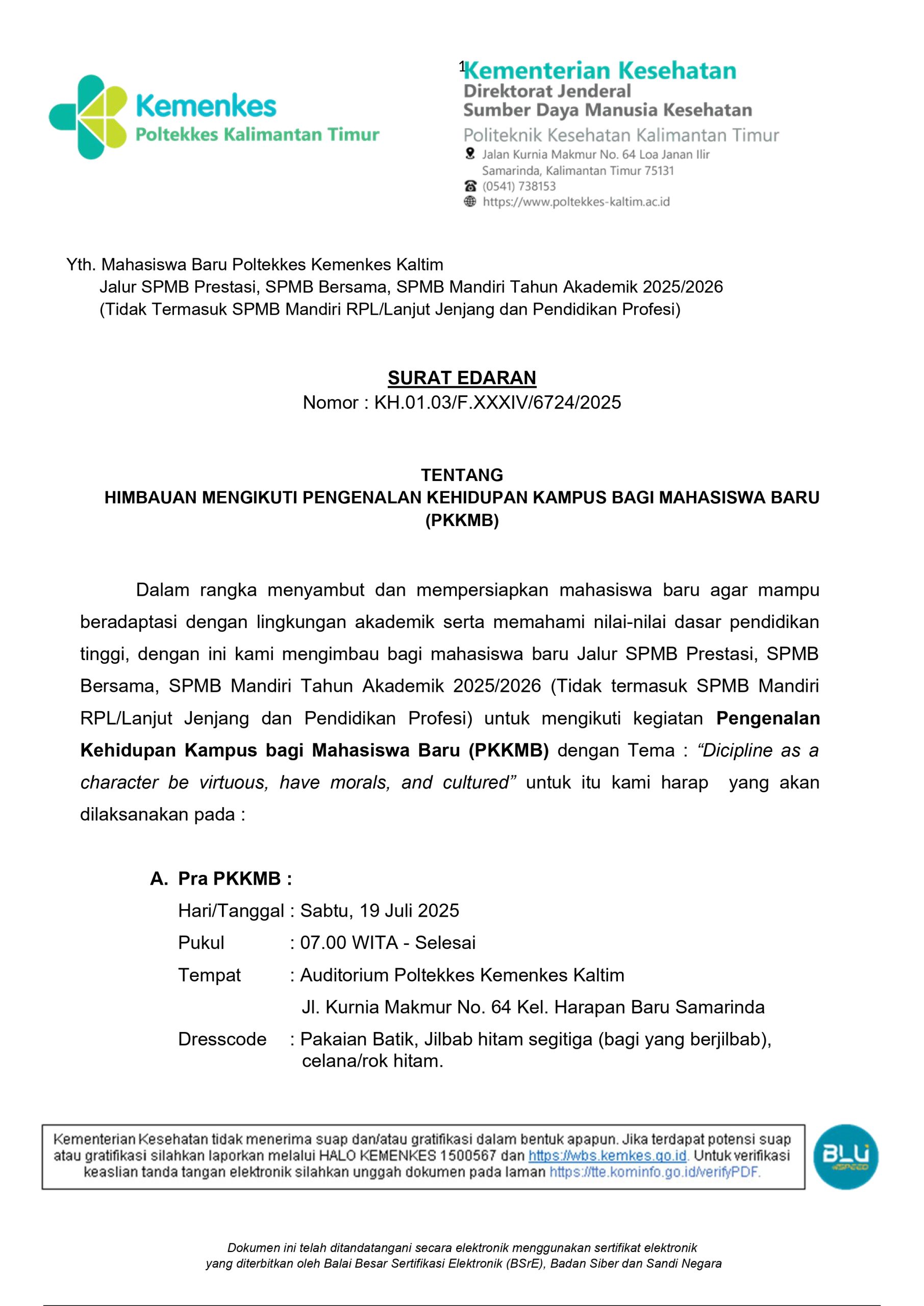 Pengumuman Himbauan Mengikuti Pengenalan Kehidupan Kampus Bagi Mahasiswa Baru (PKKMB)